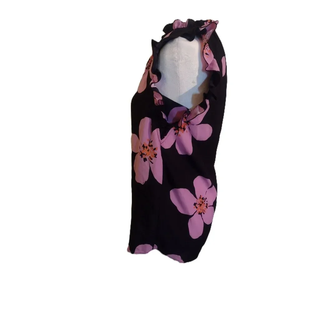 Kate Spade New York Black Pink Floral Ruffle Tie Neck Blouse Top XXS